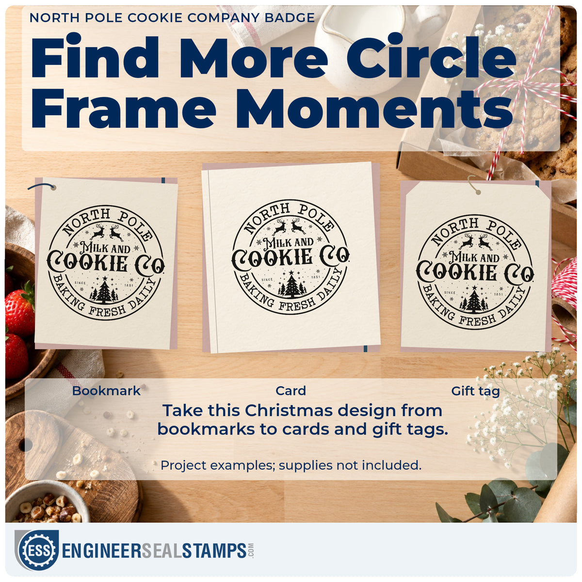Three project examples made with the North Pole Cookie Company Emblem Stamp – Wood Handle, including dispatch log sheet.