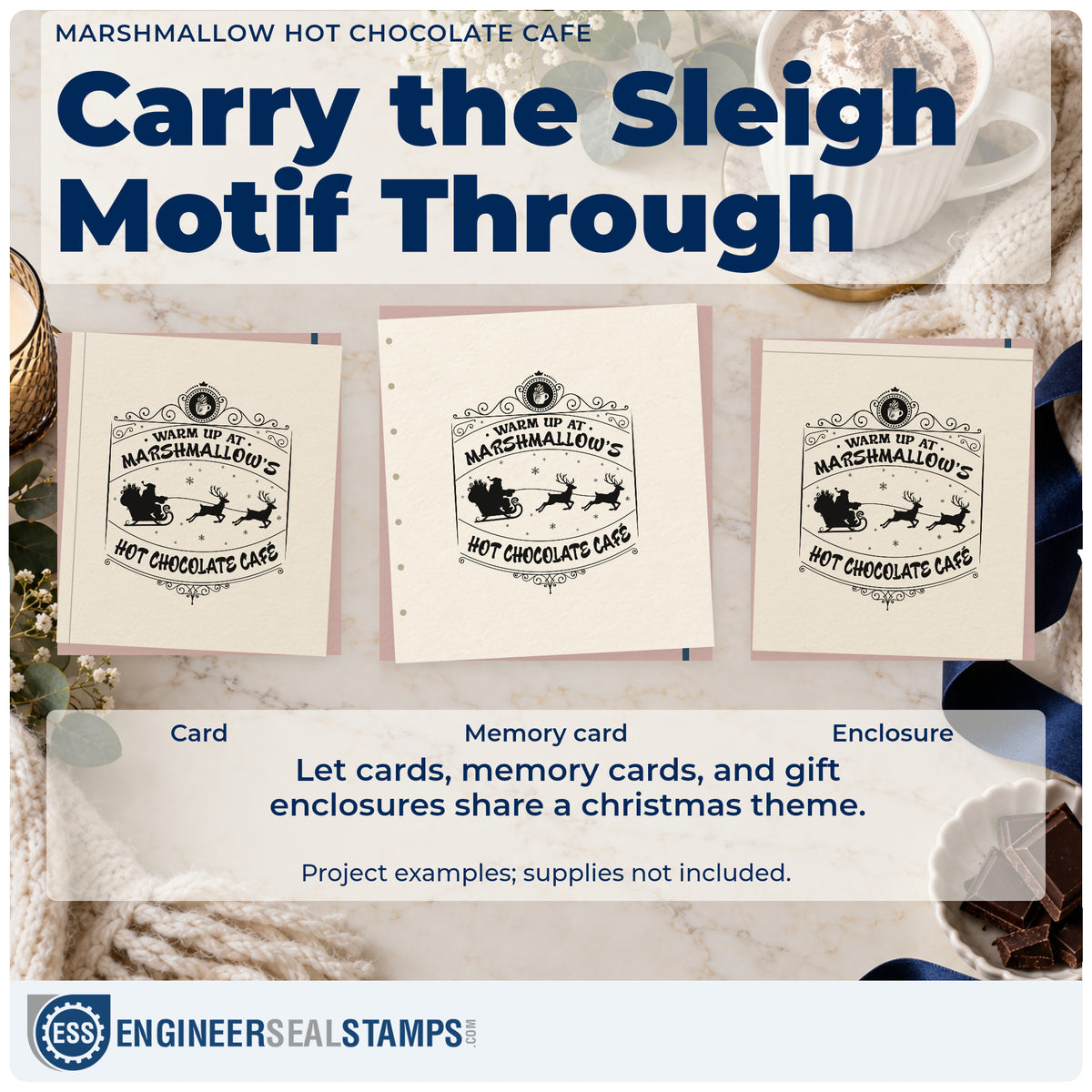 Three project examples made with the Slim Pre-Inked Marshmallow Hot Chocolate Cafe Stamp, including specials board sheet.