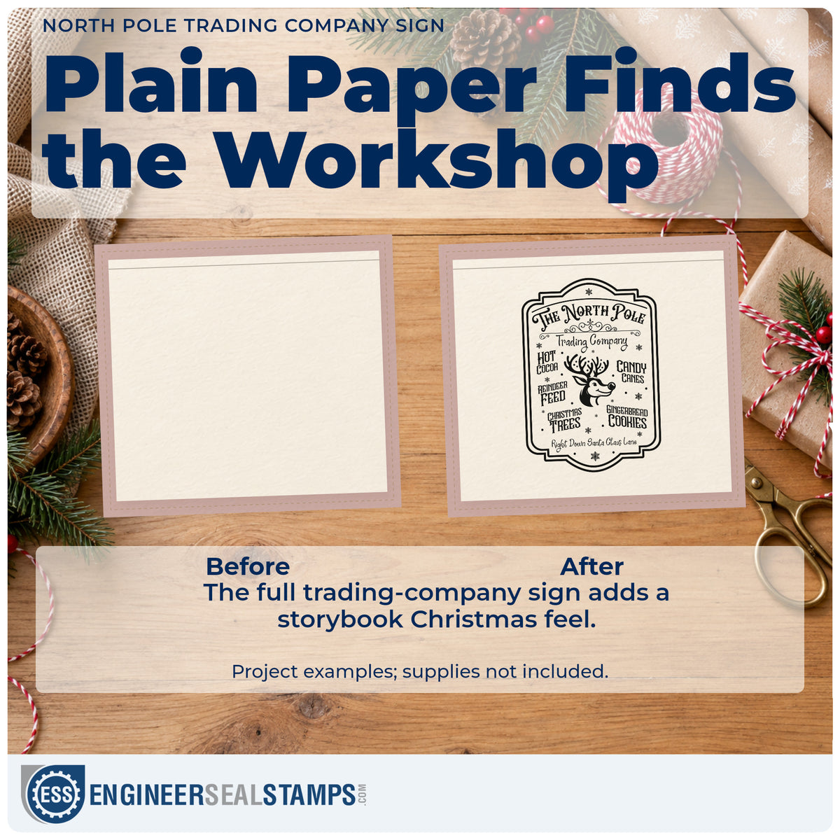 Before and after of a plain item finished with the North Pole Trading Company Sign Premium Wooden Stamp – Vintage Pro, a quick upgrade for framed register wall.