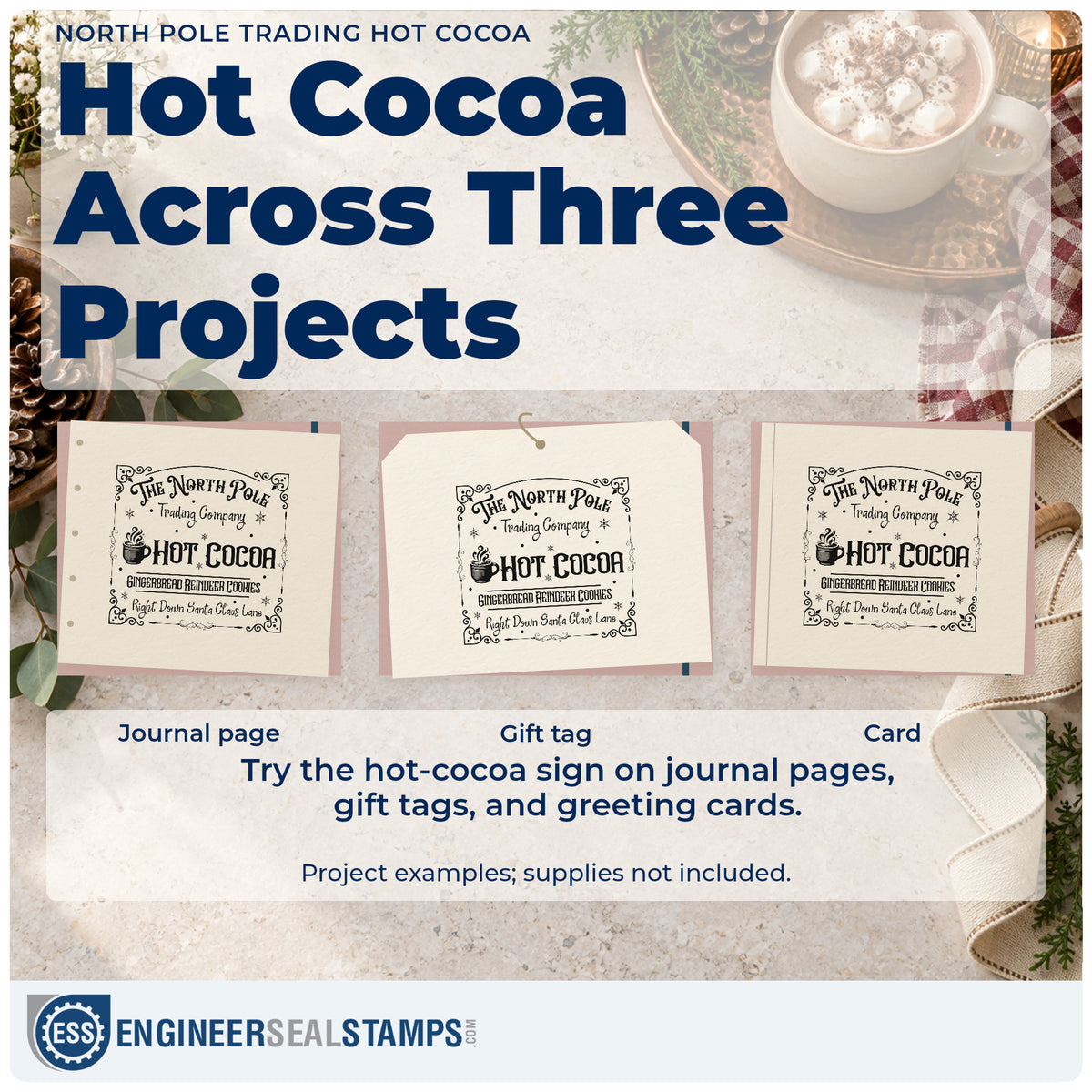 Three project examples made with the North Pole Trading Hot Cocoa Stamp – Duo Hand, including batch prep sheet.