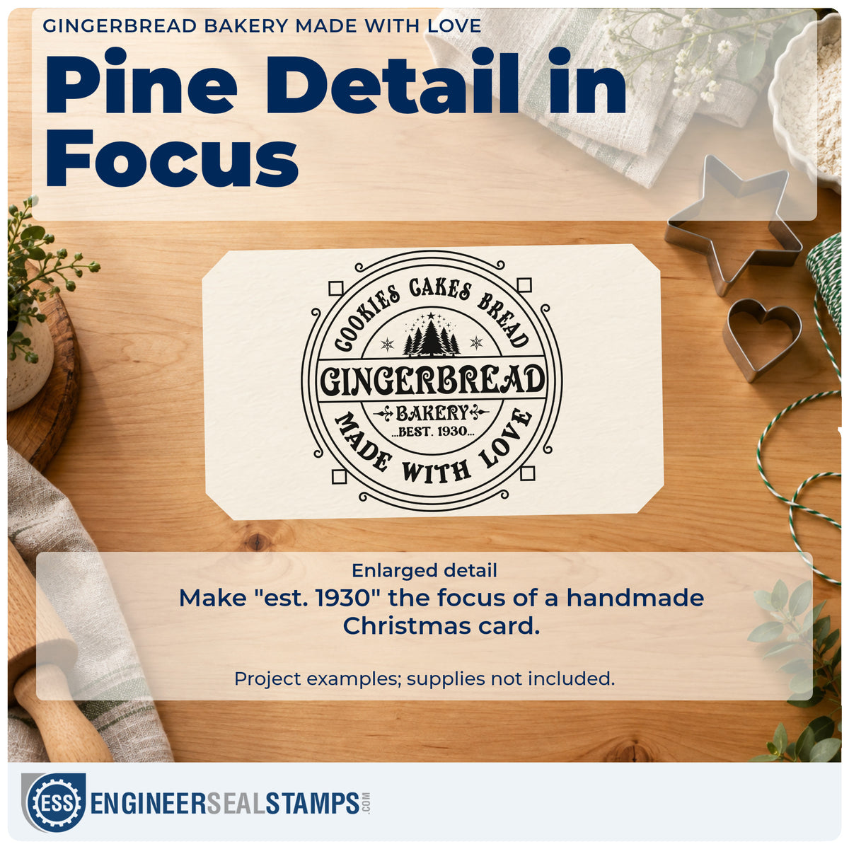 Enlarged detail of the Cookies Cakes Bread Gingerbread Bakery Made With Love Stamp – PSI Pre-Inked imprint. A round badge reads "Cookies cakes bread Gingerbread Bakery made with love" with pine trees and "est. 1930."