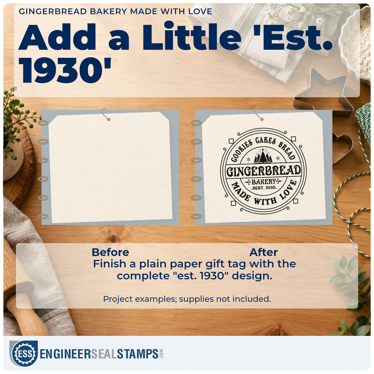 Before and after of a plain item finished with the Cookies Cakes Bread Gingerbread Bakery Made With Love Slim Pre-Inked Stamp, a quick upgrade for framed shop corner.
