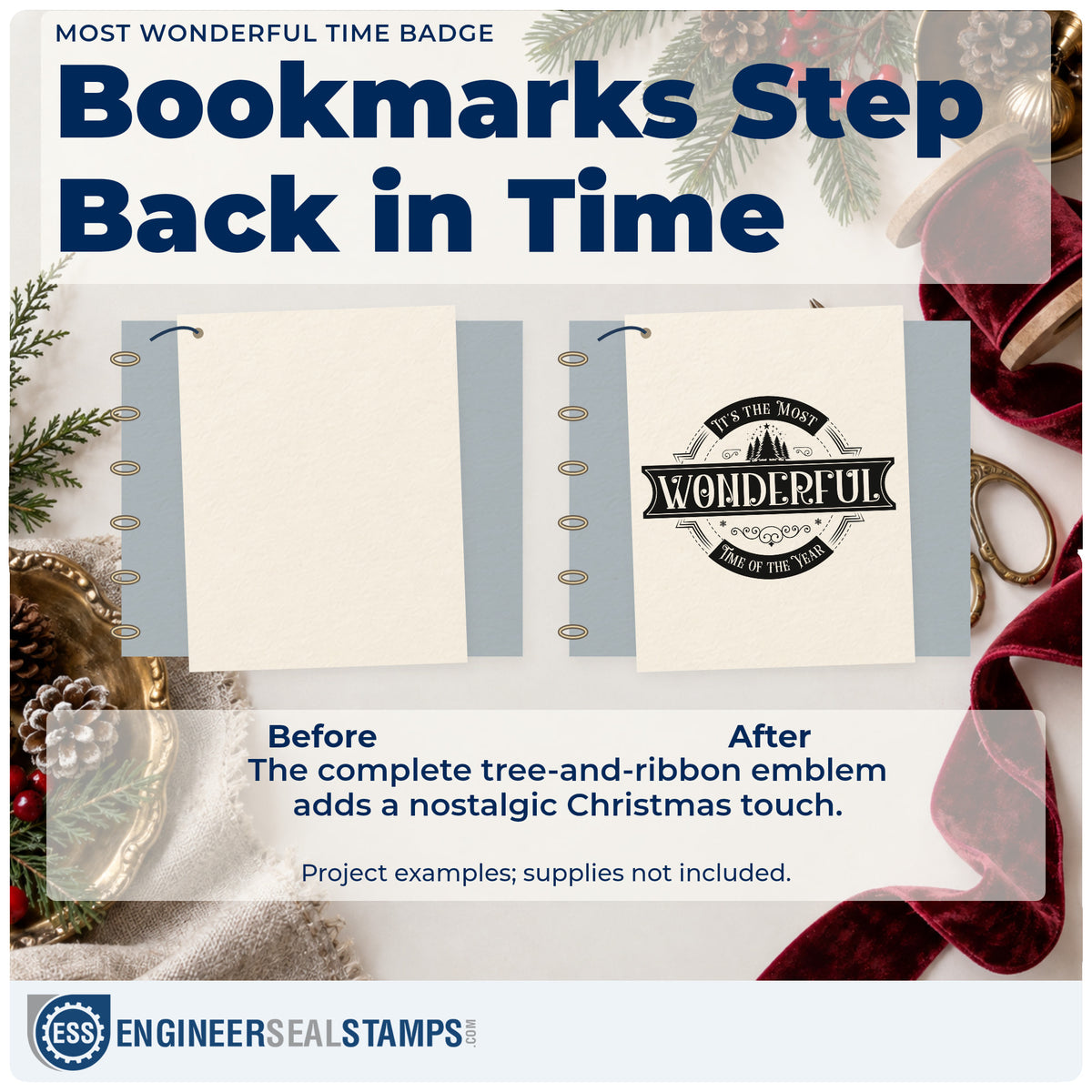 Before and after of a plain item finished with the Most Wonderful Time Badge Hand Stamp – Duo, a quick upgrade for framed plate wall.