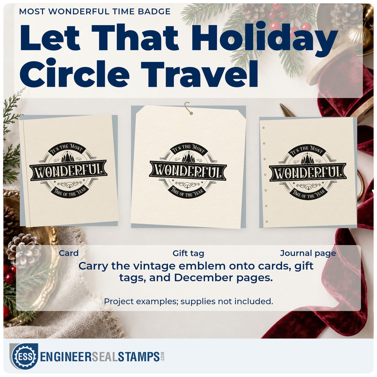 Three project examples made with the Most Wonderful Time Badge Hand Stamp – Duo, including approval mark page.