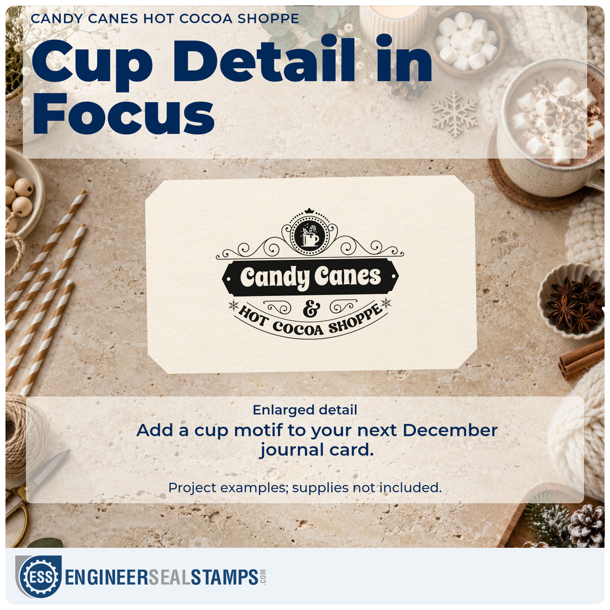 Enlarged detail of the Candy Canes Hot Cocoa Shoppe Pre-Inked Stamp – PSI imprint. An ornate emblem reads "Candy canes & hot cocoa shoppe" beneath a small steaming mug medallion.