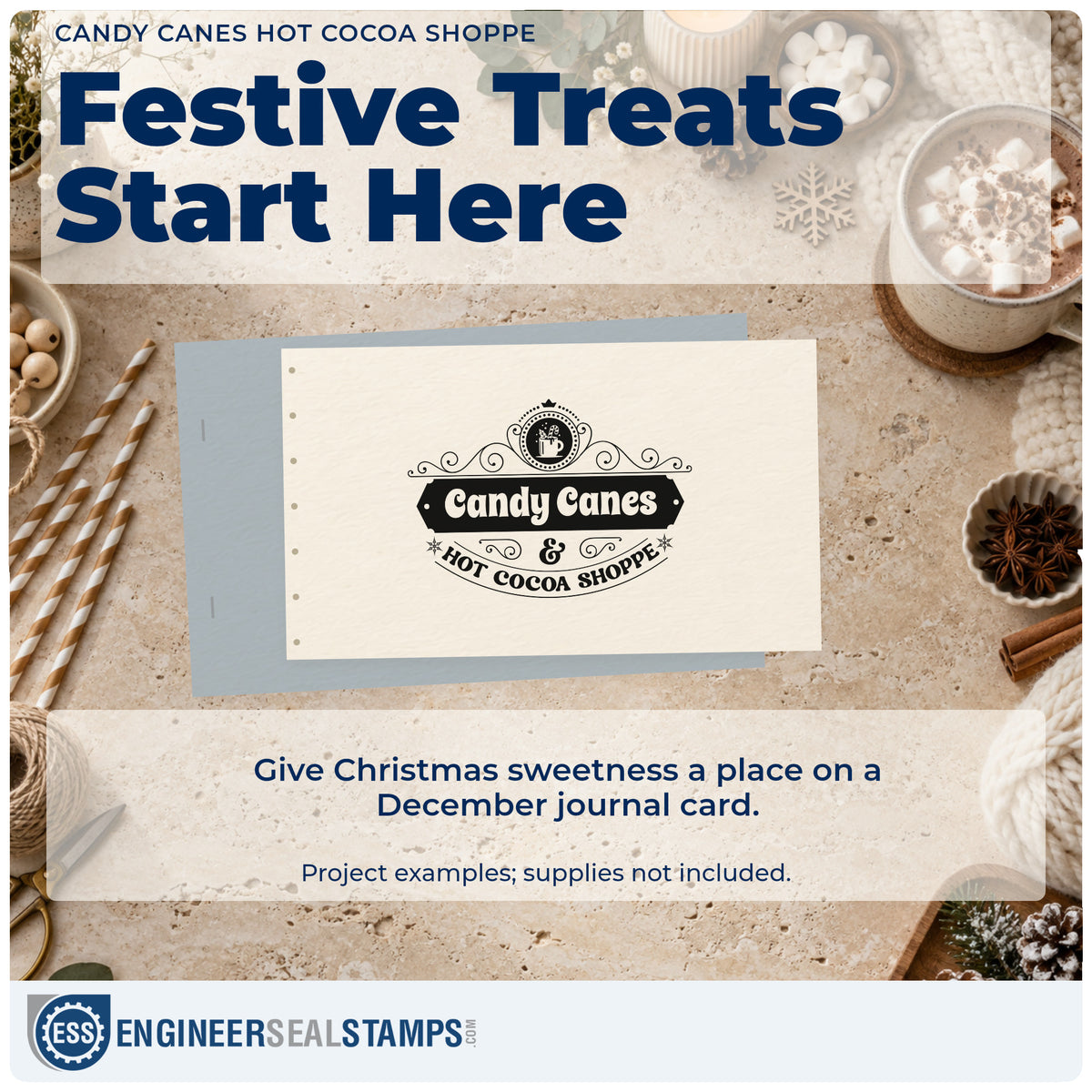 A finished handmade project stamped with the Candy Canes Hot Cocoa Shoppe Slim Pre-Inked Stamp, ideal for sweets album page.