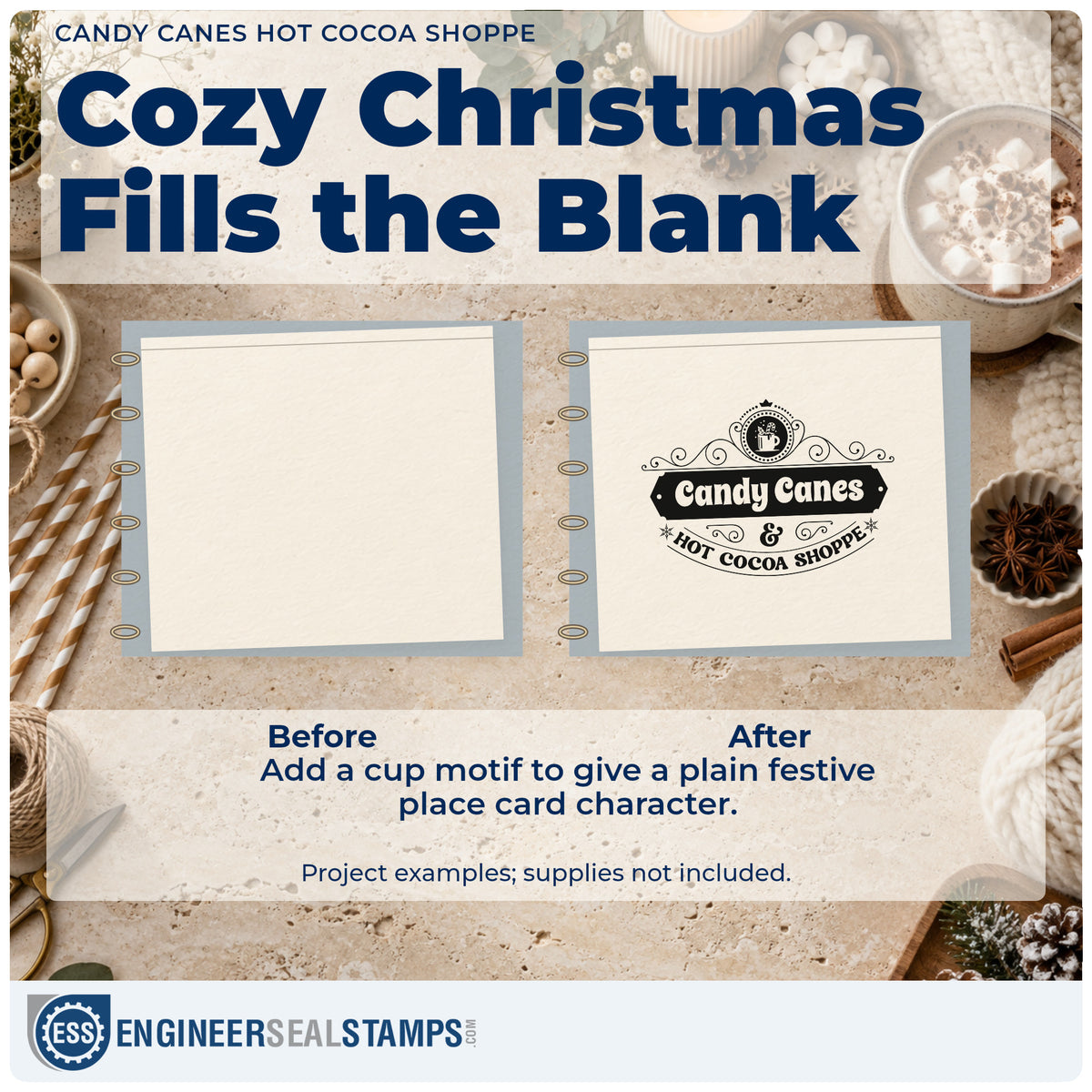 Before and after of a plain item finished with the Candy Canes Hot Cocoa Shoppe Premium Wooden Stamp – Vintage Pro, a quick upgrade for framed shop door.