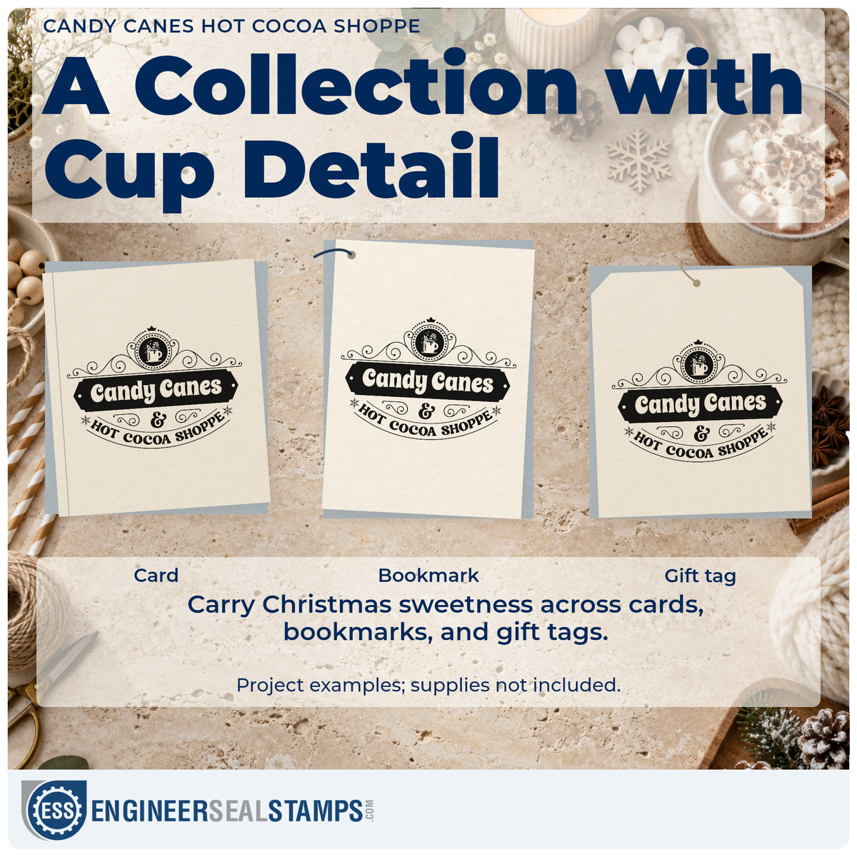 Three project examples made with the Candy Canes Hot Cocoa Shoppe Wood Handle Stamp, including flavor menu sheet.