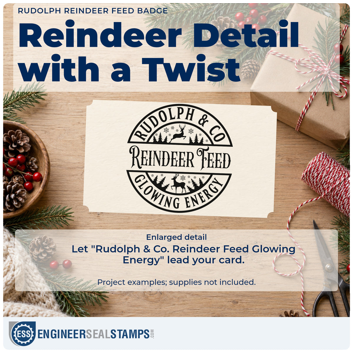 Enlarged detail of the Rudolph Reindeer Feed Badge Self-Inking Stamp imprint. A circular badge reads "Rudolph & Co. Reindeer Feed Glowing Energy" with reindeer silhouettes, trees, and stars.