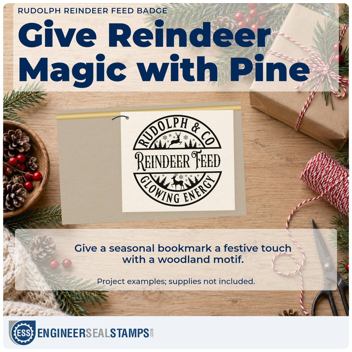A finished handmade project stamped with the Rudolph Reindeer Feed Badge Stamp – Wood Handle, ideal for barn album page.