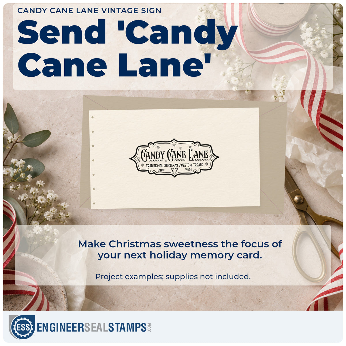 A finished handmade project stamped with the Candy Cane Lane Vintage Sign Rubber Stamp – Wood Handle, ideal for street album page.