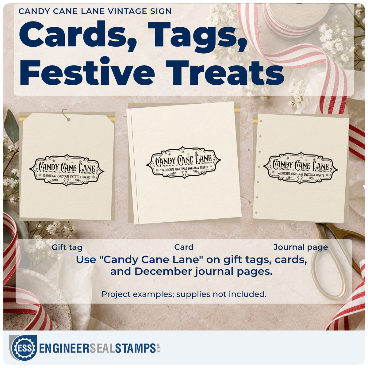 Three project examples made with the Candy Cane Lane Vintage Sign Premium Wooden Stamp – Vintage Pro, including route map sheet.