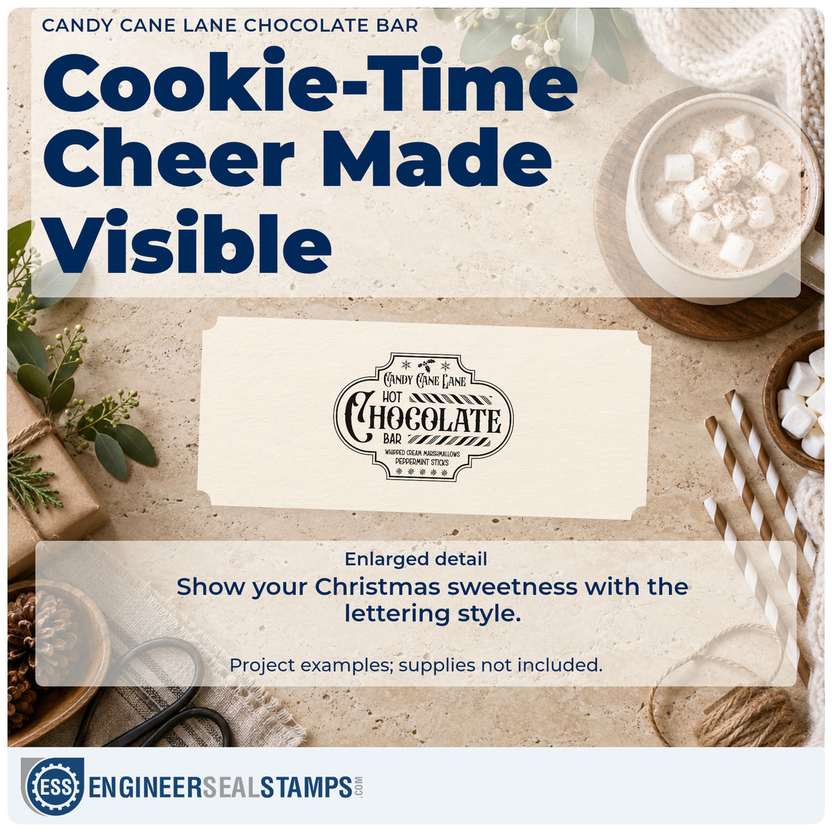 Enlarged detail of the Candy Cane Lane Hot Chocolate Bar Premium Wood-Mounted Stamp – Vintage Pro imprint. A vintage framed sign reads "Candy Cane Lane Hot Chocolate Bar" with striped dividers and whipped-cream, marshmallow, and peppermint-stick wording.