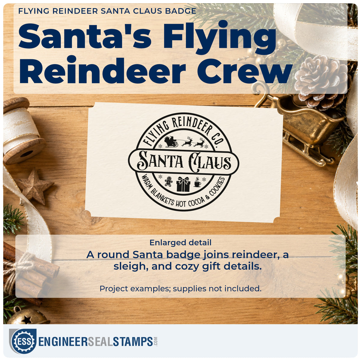 Enlarged detail of the Flying Reindeer Santa Claus Badge Stamp – Premium Vintage Pro Wooden imprint. A circular badge reads "Flying Reindeer Co. Santa Claus" with a sleigh, reindeer, gingerbread, gift, mug, and warm-blanket wording.