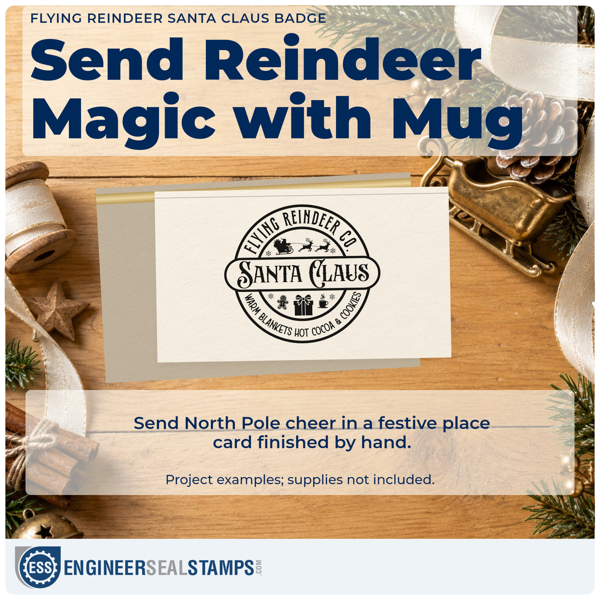A finished handmade project stamped with the Flying Reindeer Santa Claus Badge Rubber Stamp – Wood Handle, ideal for service album page.