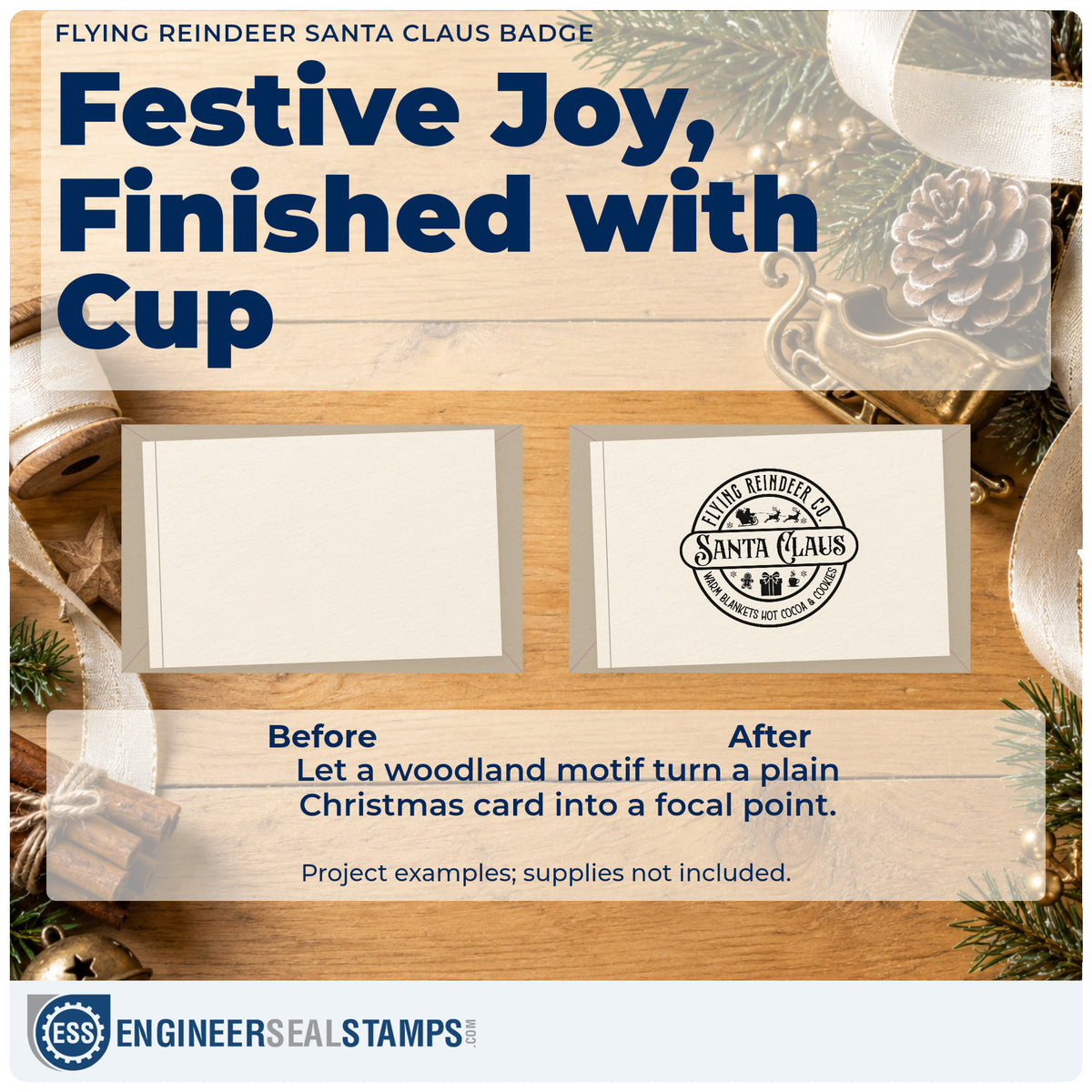 Before and after of a plain item finished with the Flying Reindeer Santa Claus Badge Stamp – Duo Hand, a quick upgrade for framed lobby board.