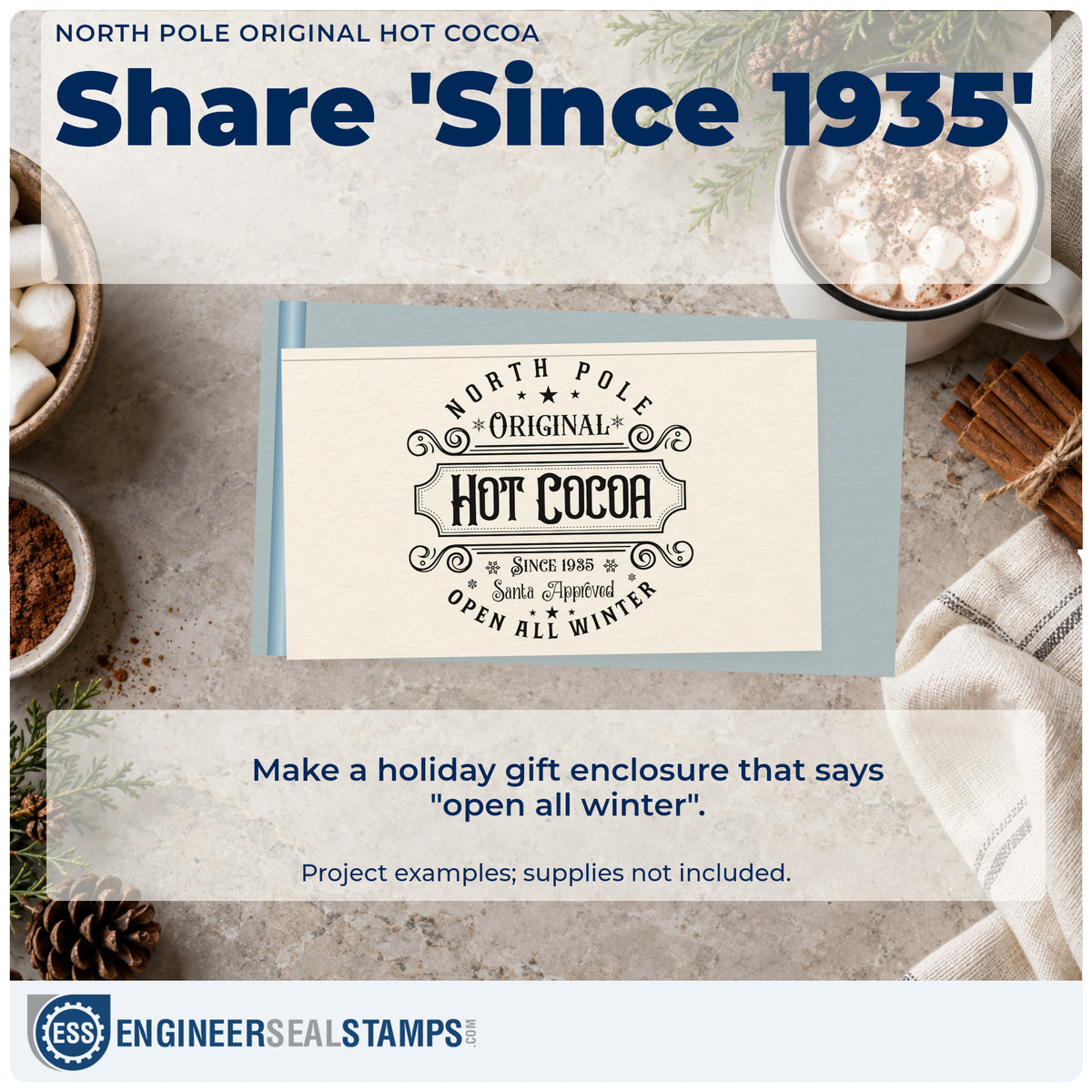 A finished handmade project stamped with the North Pole Original Hot Cocoa Pre-Inked Stamp – Slim, ideal for brand album page.