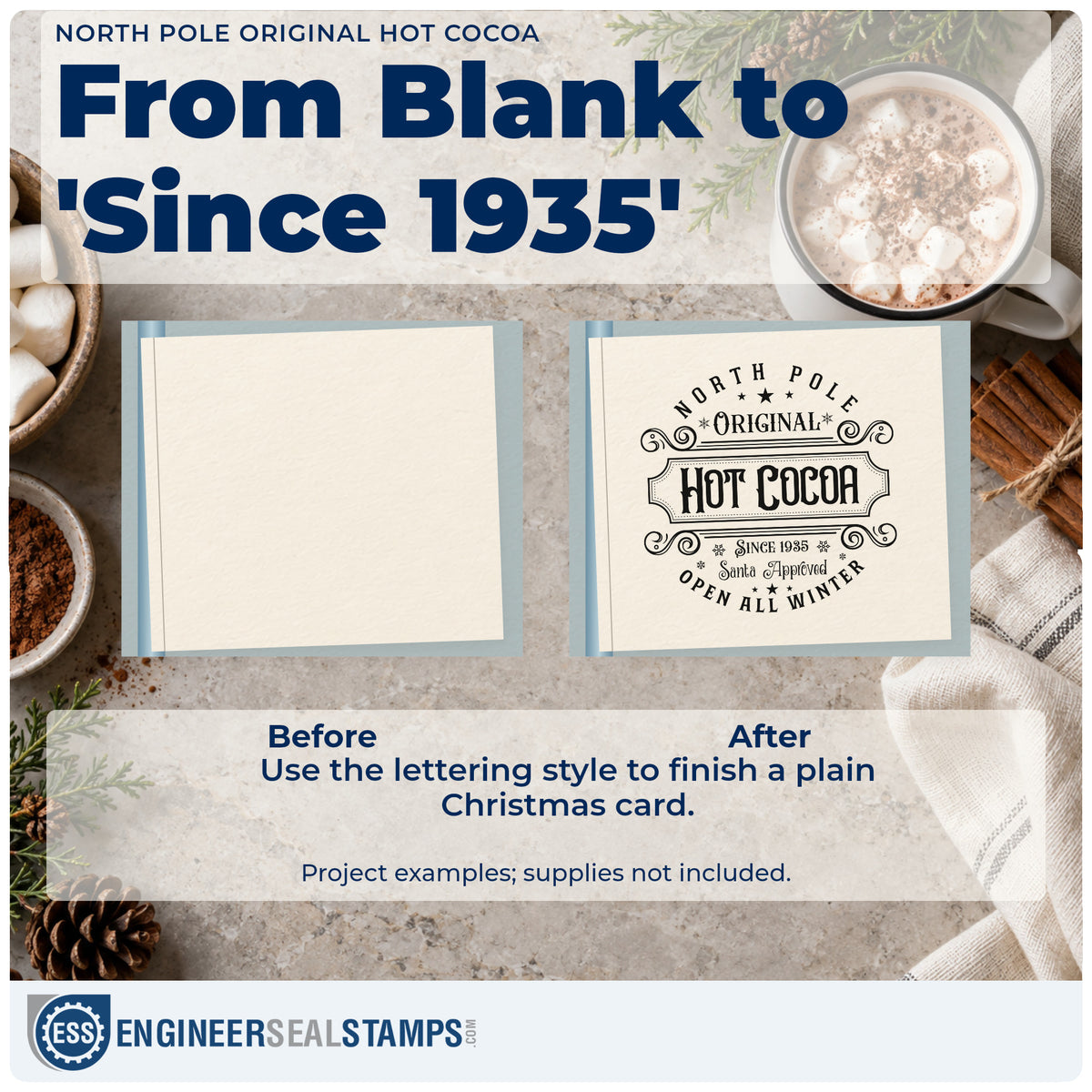 Before and after of a plain item finished with the North Pole Original Hot Cocoa Rubber Stamp – Duo Hand, a quick upgrade for framed shop ledge.