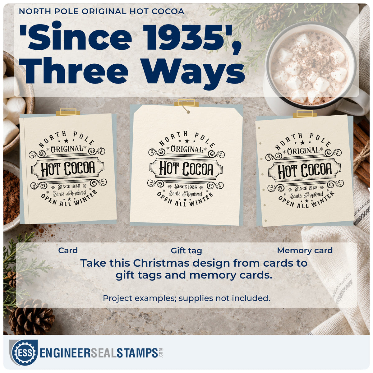 Three project examples made with the North Pole Original Hot Cocoa Rubber Stamp – Duo Hand, including blend record sheet.