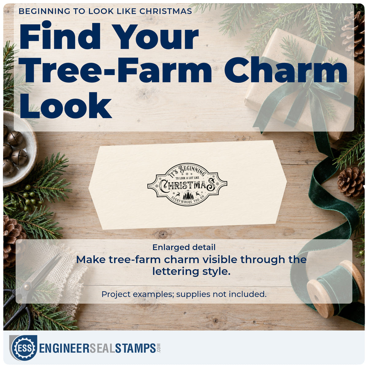 Enlarged detail of the Beginning To Look Like Christmas Tree Motif Slim Pre-Inked Stamp imprint. A decorative vintage label reads "It's beginning to look a lot like Christmas everywhere you go" with small trees and ornamental details.