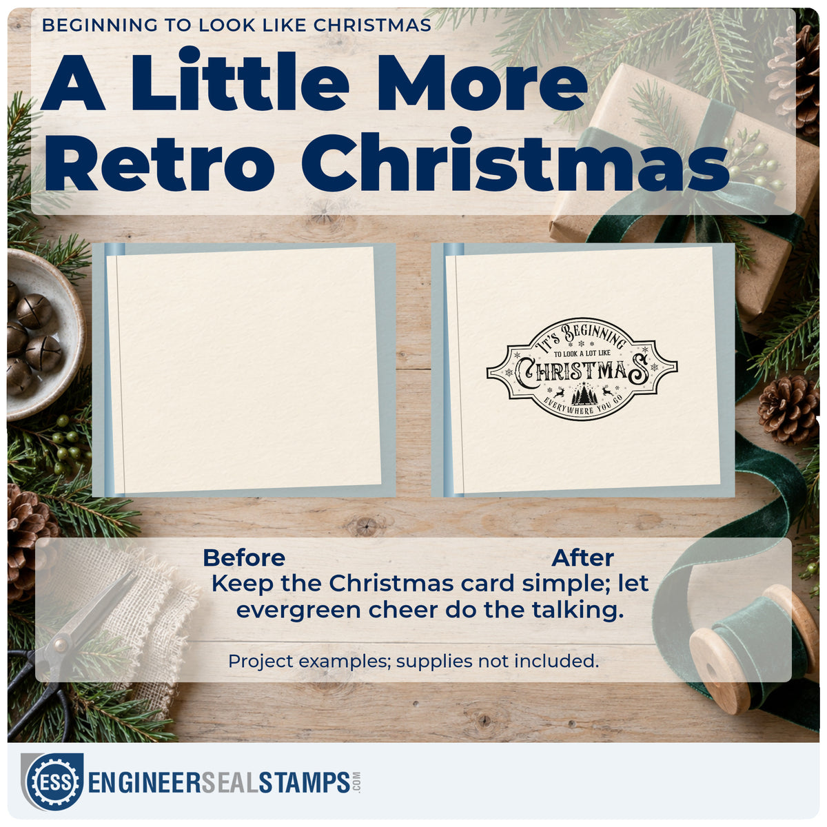 Before and after of a plain item finished with the Beginning To Look Like Christmas Tree Motif Self-Inking Stamp, a quick upgrade for framed attic hatch.