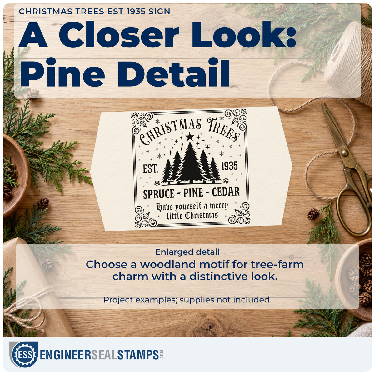 Enlarged detail of the Christmas Trees Est 1935 Sign Rubber Stamp – Wood Handle imprint. A rectangular ornate sign features pine trees, "Christmas trees," "est. 1935," "spruce pine cedar," and a merry-little-Christmas phrase.