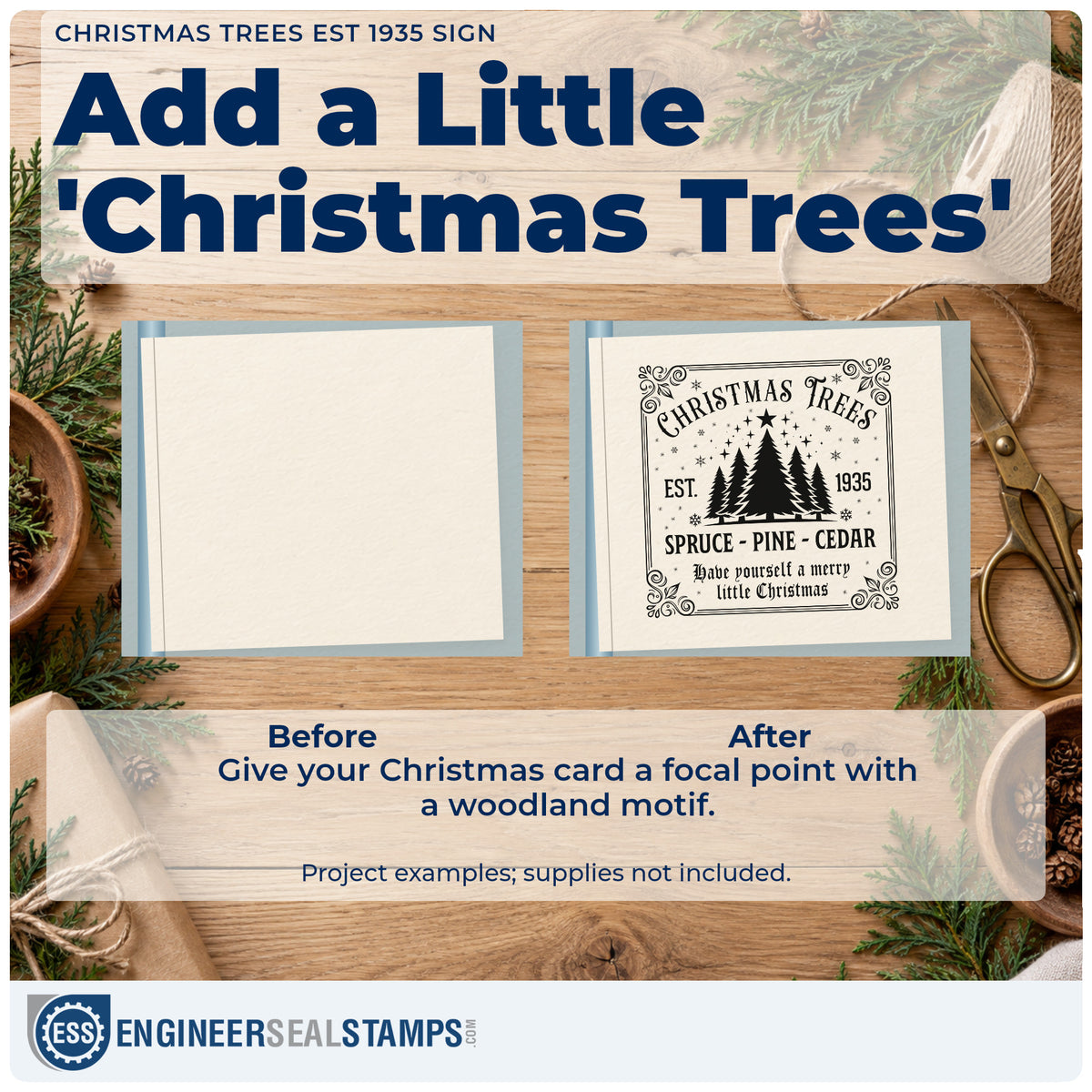 Before and after of a plain item finished with the Christmas Trees Est 1935 Sign Stamp – Self-Inking, a quick upgrade for framed shed wall.