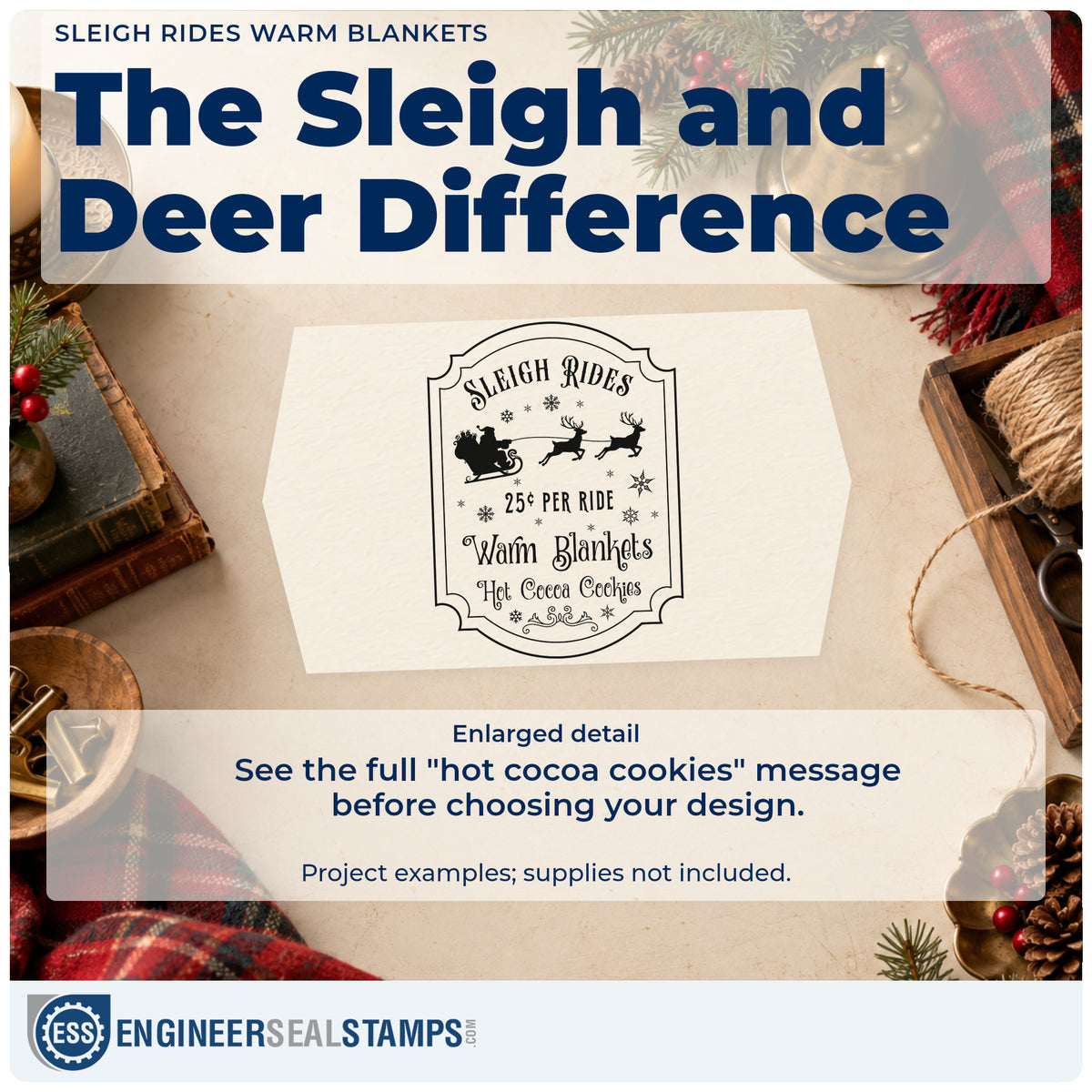 Enlarged detail of the Sleigh Rides Warm Blankets Reindeer Pre-Inked Stamp – PSI imprint. A vintage sign shows Santa's sleigh and reindeer above "25¢ per ride," "warm blankets," and "hot cocoa cookies."