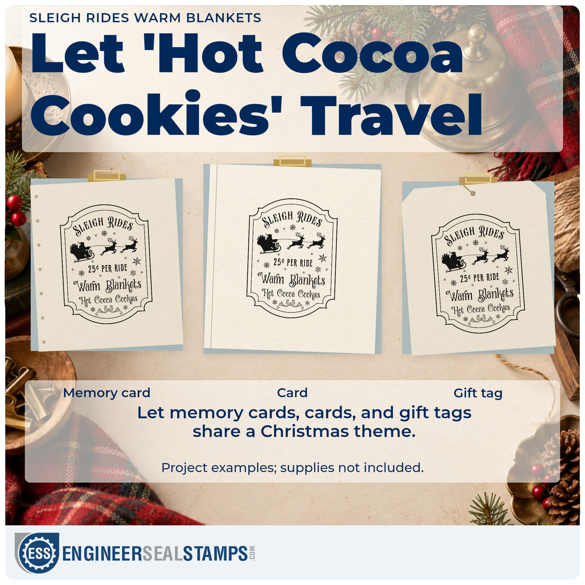 Three project examples made with the Sleigh Rides Warm Blankets Reindeer Slim Pre-Inked Stamp, including rate card sheet.