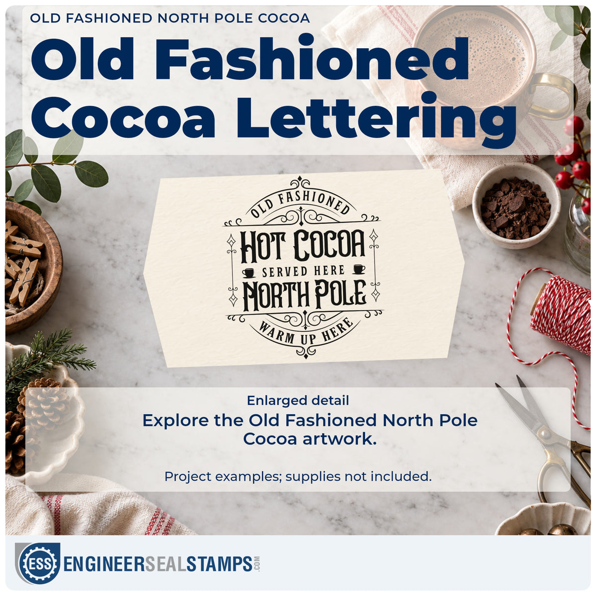 Enlarged detail of the Old Fashioned Hot Cocoa Served Here North Pole Warm Up Here Premium Wooden Stamp – Vintage Pro imprint. An ornate emblem reads "Old fashioned hot cocoa served here North Pole warm up here" with tiny mugs and flourishes.
