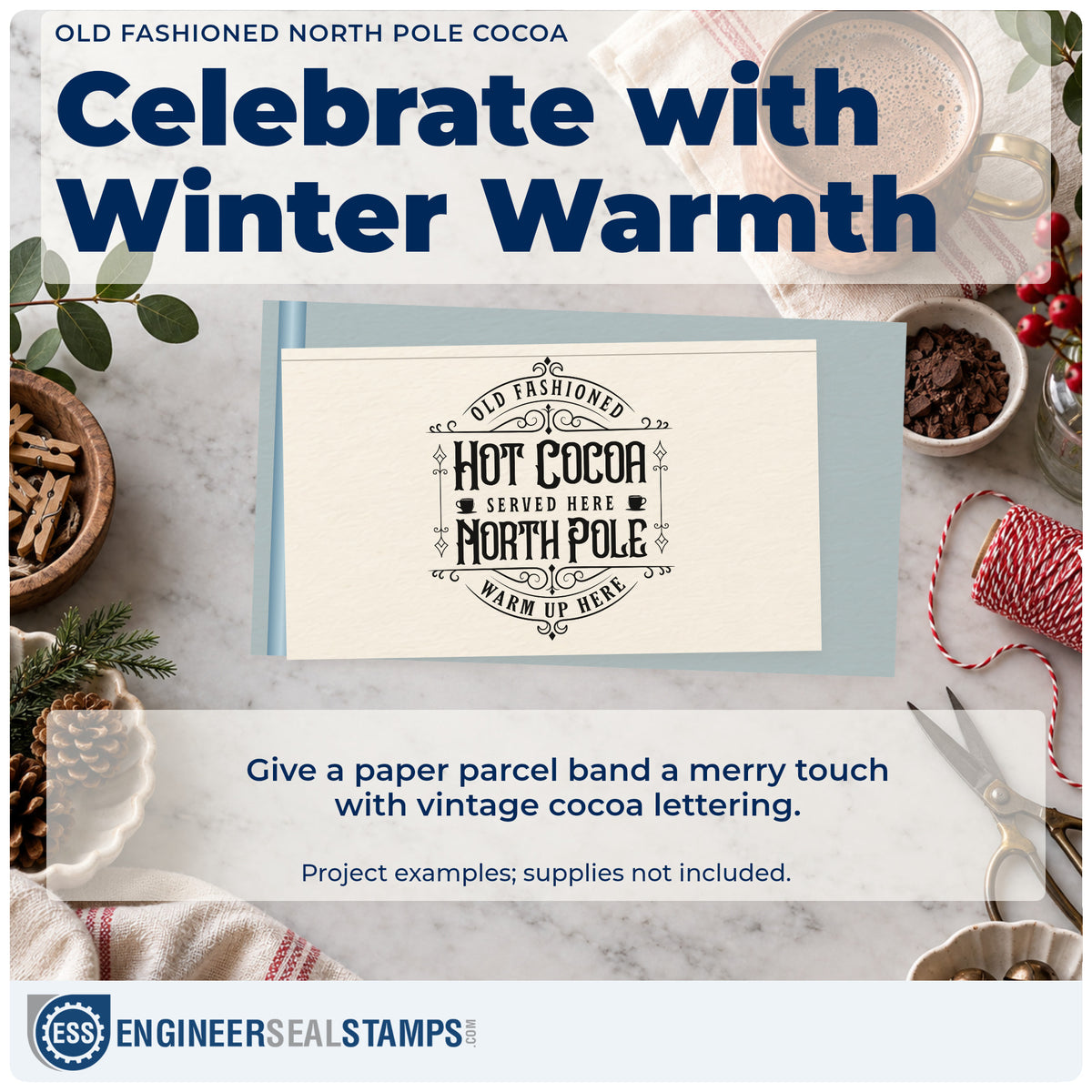 A finished handmade project stamped with the Pre-Inked Old Fashioned Hot Cocoa Served Here North Pole Warm Up Here Stamp – PSI, ideal for rest stop album.