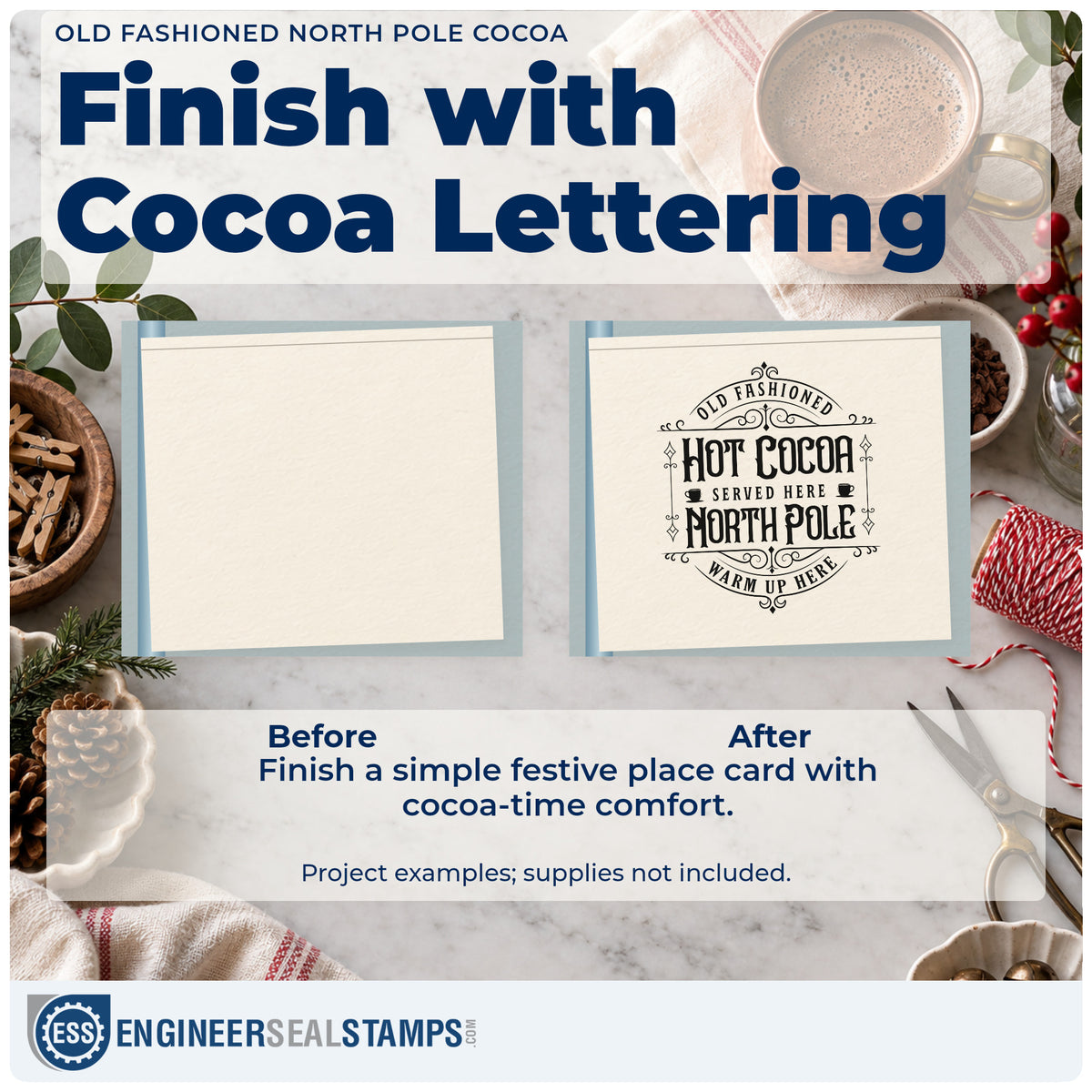 Before and after of a plain item finished with the Old Fashioned Hot Cocoa Served Here North Pole Warm Up Here Hand Stamp – Duo, a quick upgrade for framed hut entry.