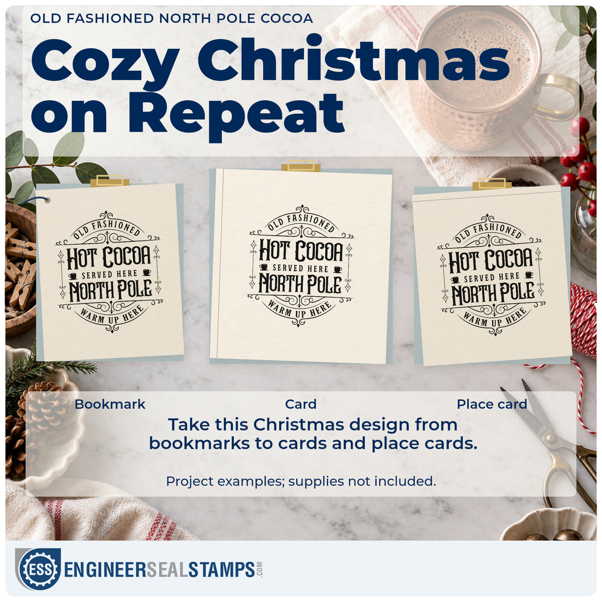 Three project examples made with the Old Fashioned Hot Cocoa Served Here North Pole Warm Up Here Rubber Stamp – Wood Handle, including volunteer shift sheet.