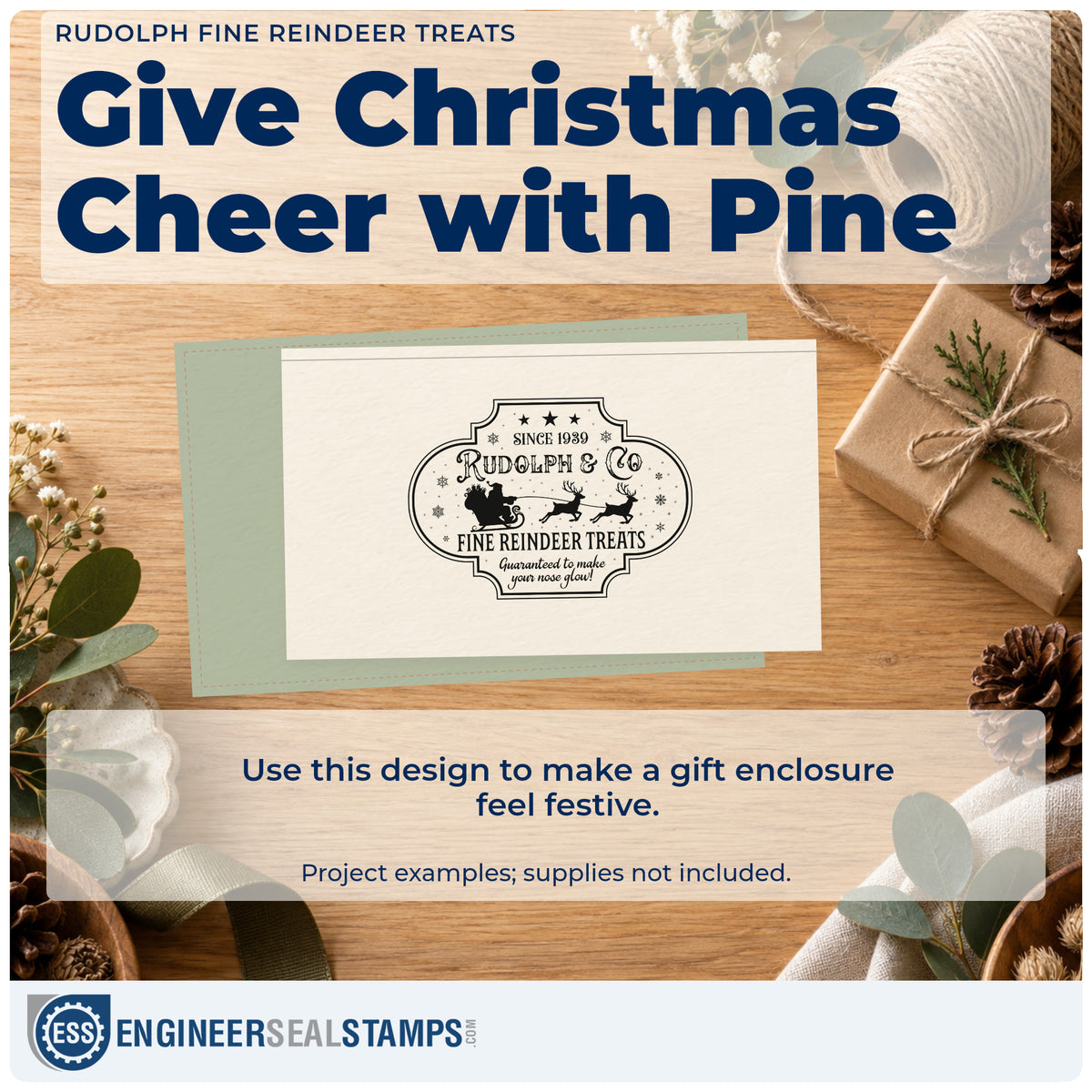 A finished handmade project stamped with the Rudolph Fine Reindeer Treats PSI Pre-Inked Stamp, ideal for packaging album page.