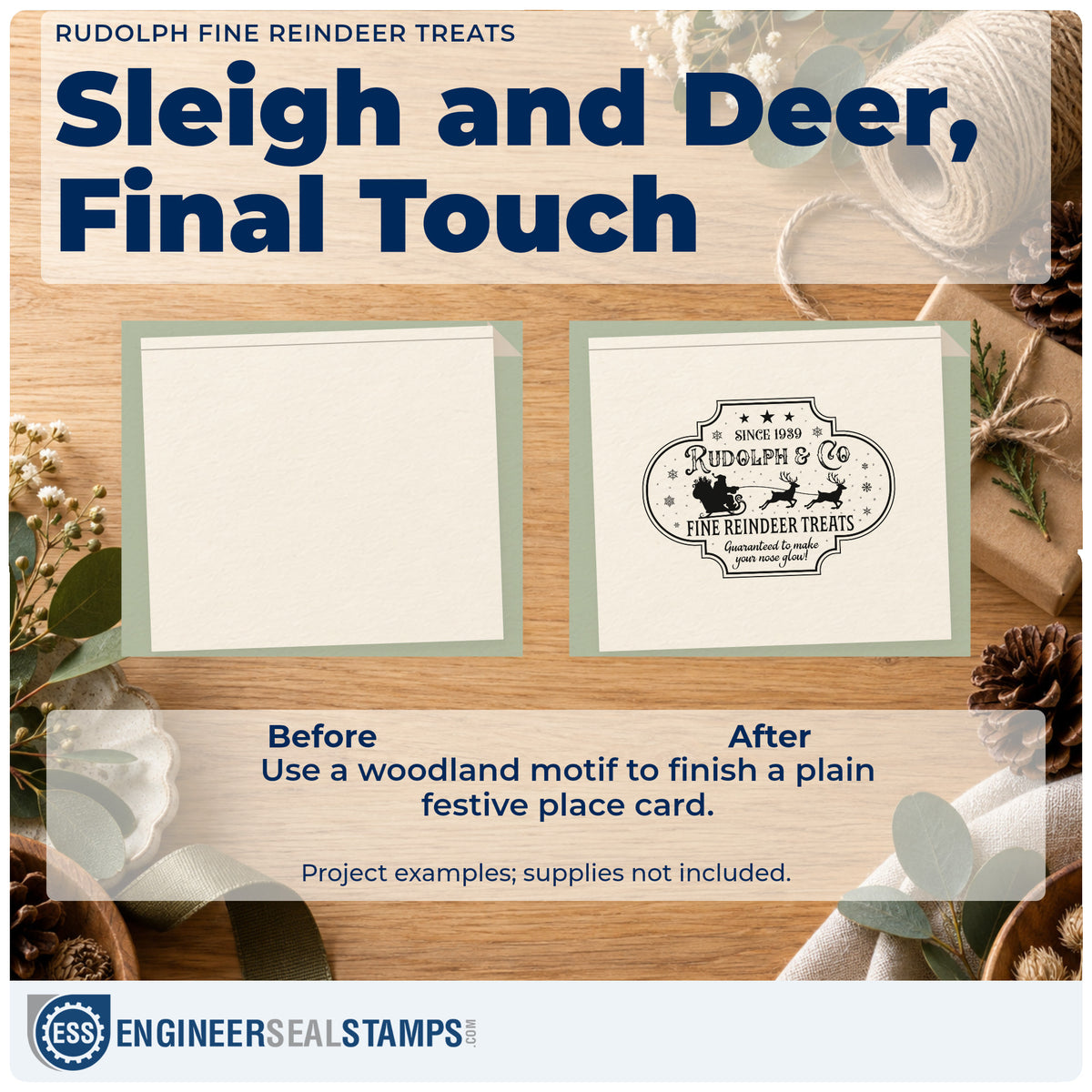 Before and after of a plain item finished with the Rudolph Fine Reindeer Treats PSI Pre-Inked Stamp, a quick upgrade for framed stable wall.