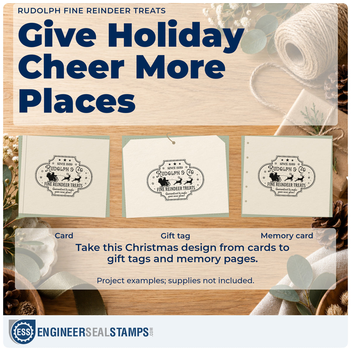Three project examples made with the Rudolph Fine Reindeer Treats Stamp – Wood Handle, including batch record sheet.