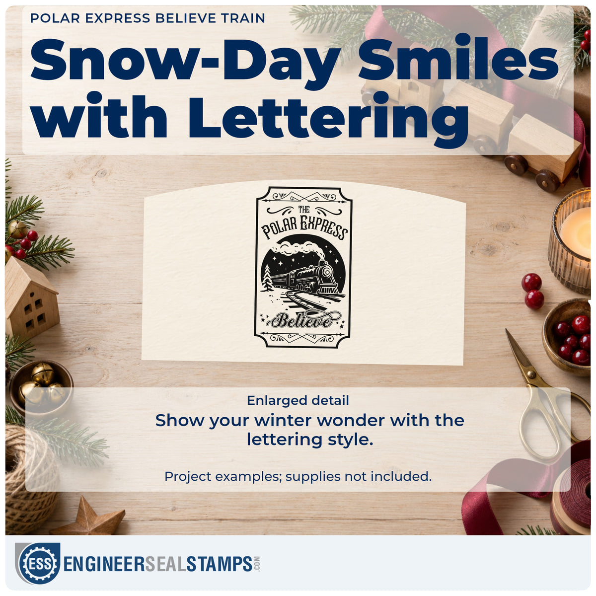 Enlarged detail of the Polar Express Believe Train Rubber Stamp – Wood Handle imprint. A vertical vintage sign reads "The Polar Express" and "Believe" around a steam train in a snowy circular scene.