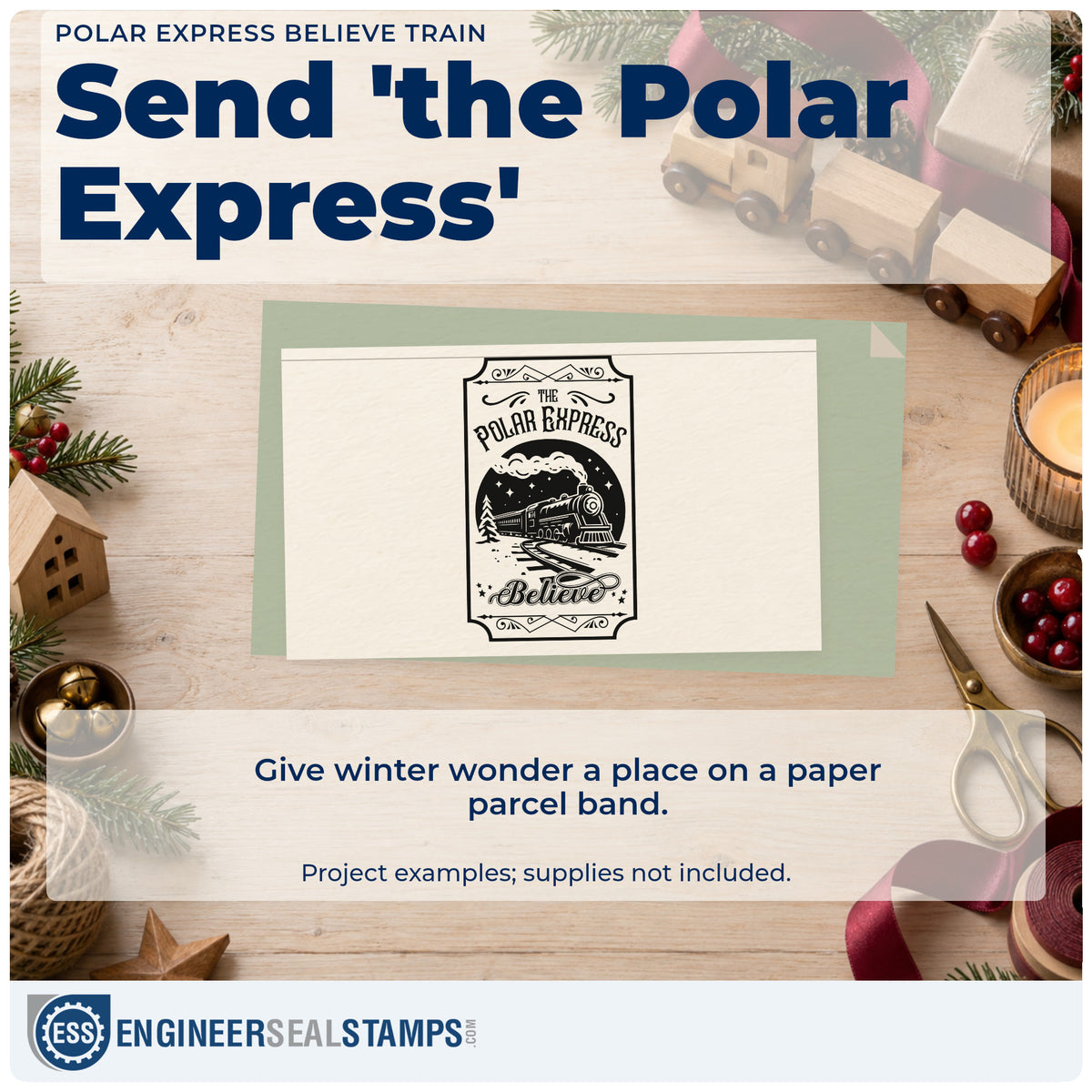 A finished handmade project stamped with the Polar Express Believe Train Rubber Stamp – Wood Handle, ideal for rail trip album page.