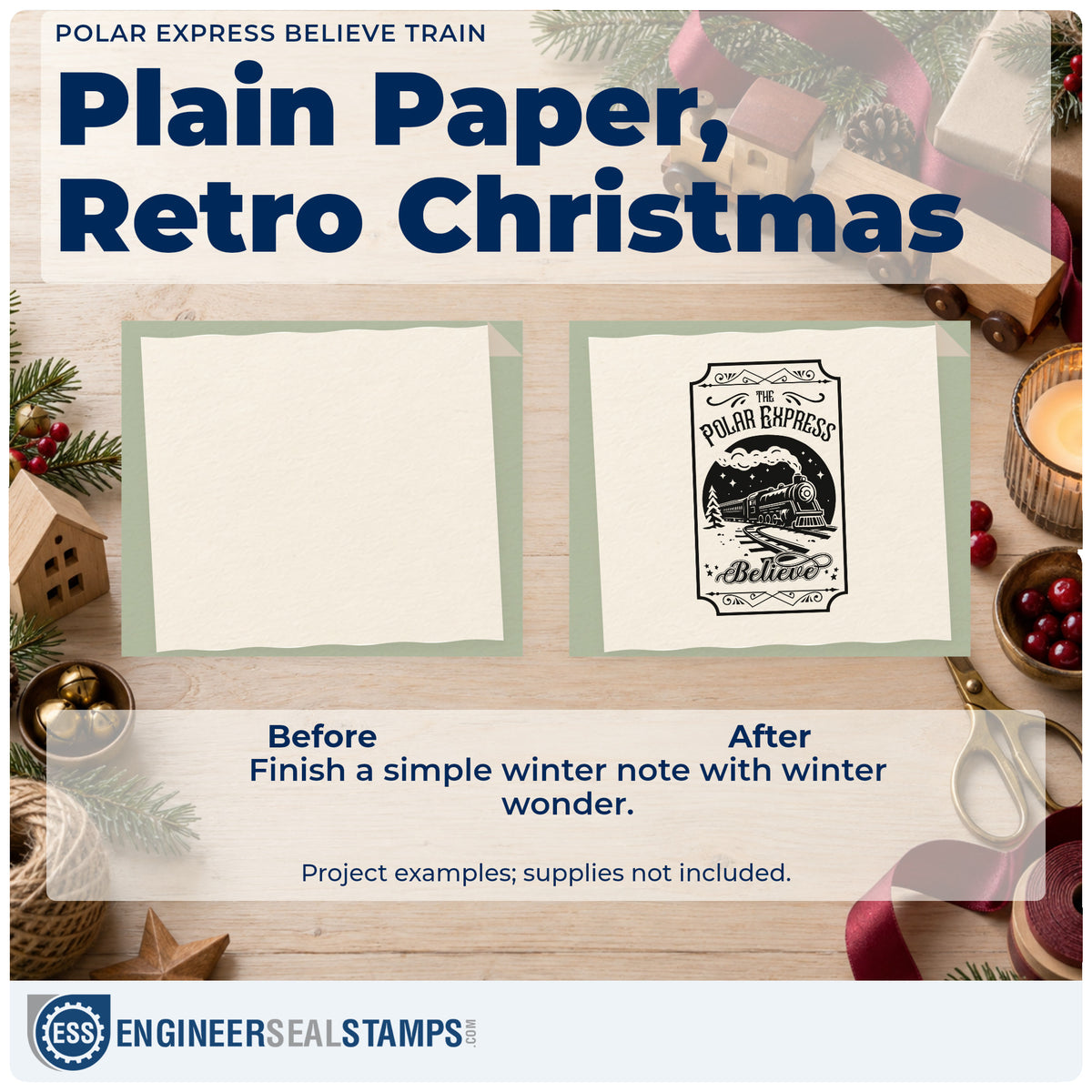 Before and after of a plain item finished with the PSI Pre-Inked Polar Express Believe Train Stamp, a quick upgrade for framed platform sign.