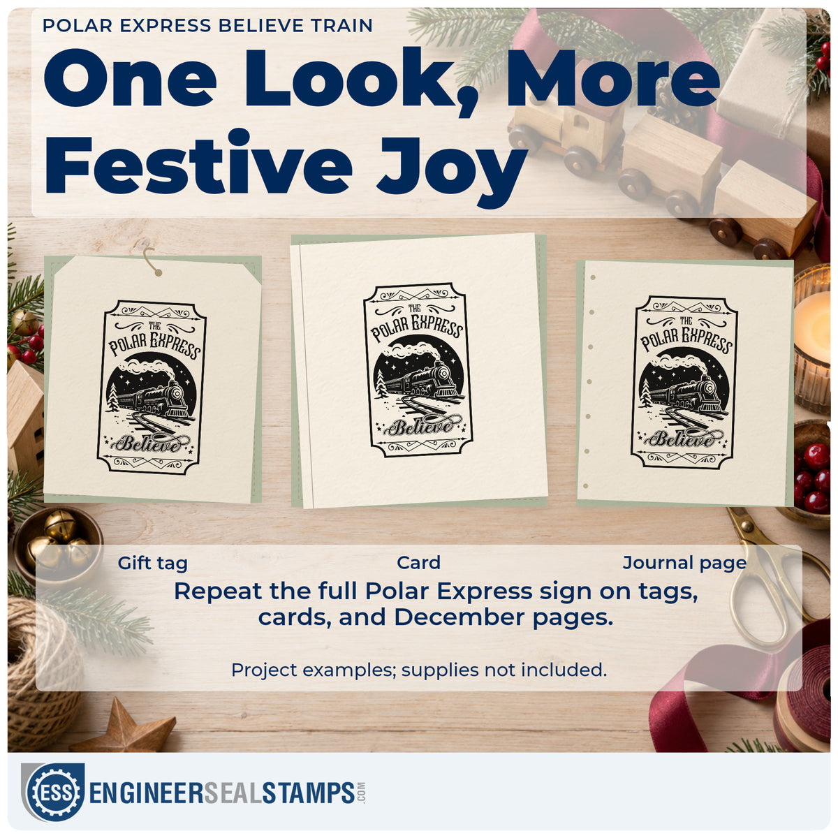 Three project examples made with the Polar Express Believe Train Stamp – Self-Inking, including route stop sheet.