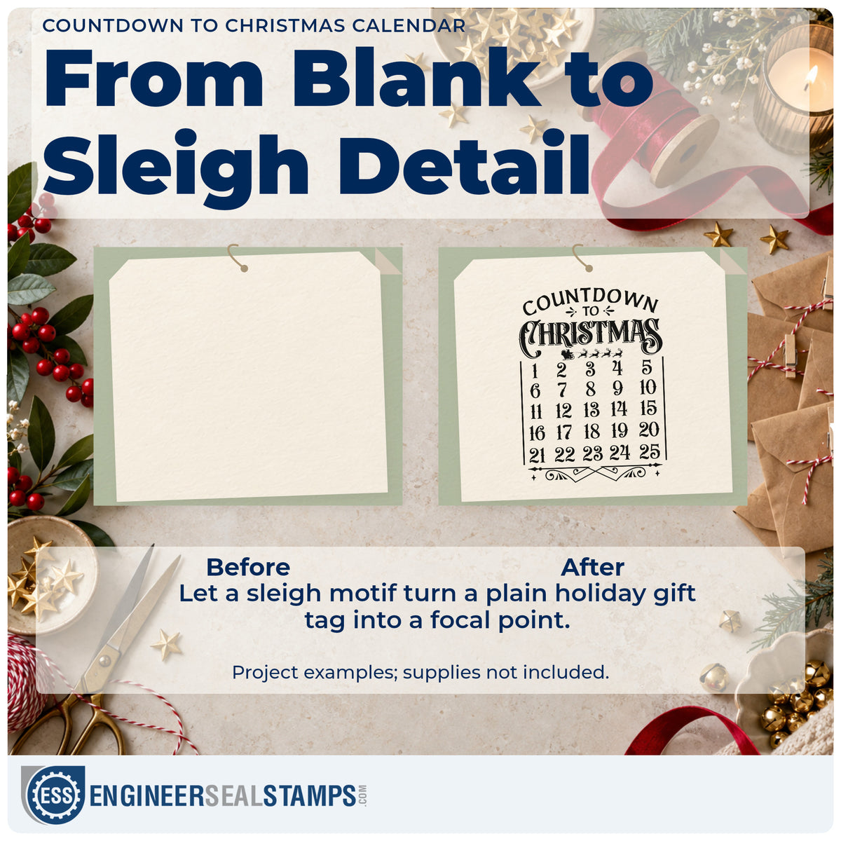 Before and after of a plain item finished with the Countdown To Christmas Calendar Sleigh Wood Handle Stamp, a quick upgrade for framed kitchen grid.