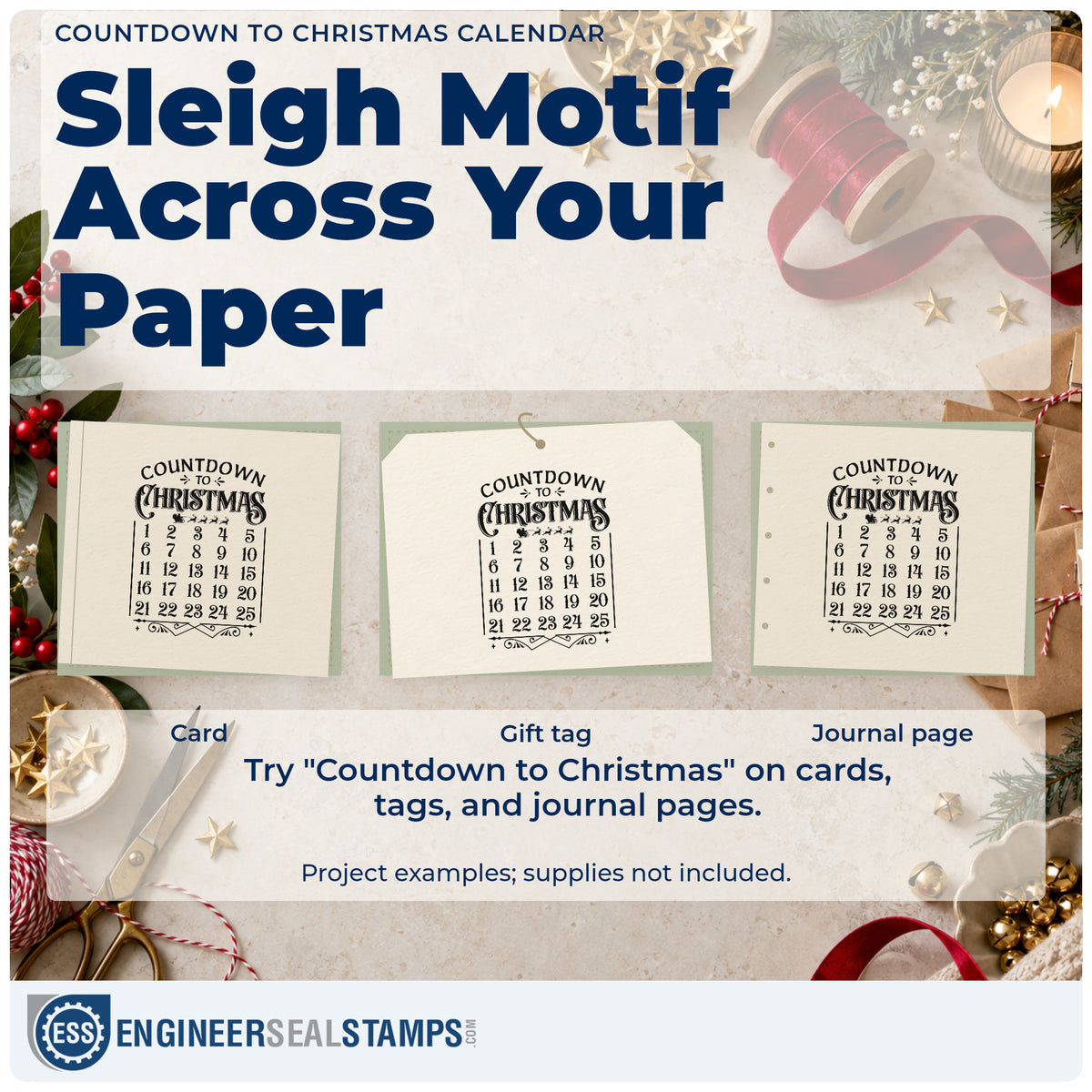 Three project examples made with the Countdown To Christmas Calendar Sleigh Self-Inking Craft Stamp, including month plan sheet.
