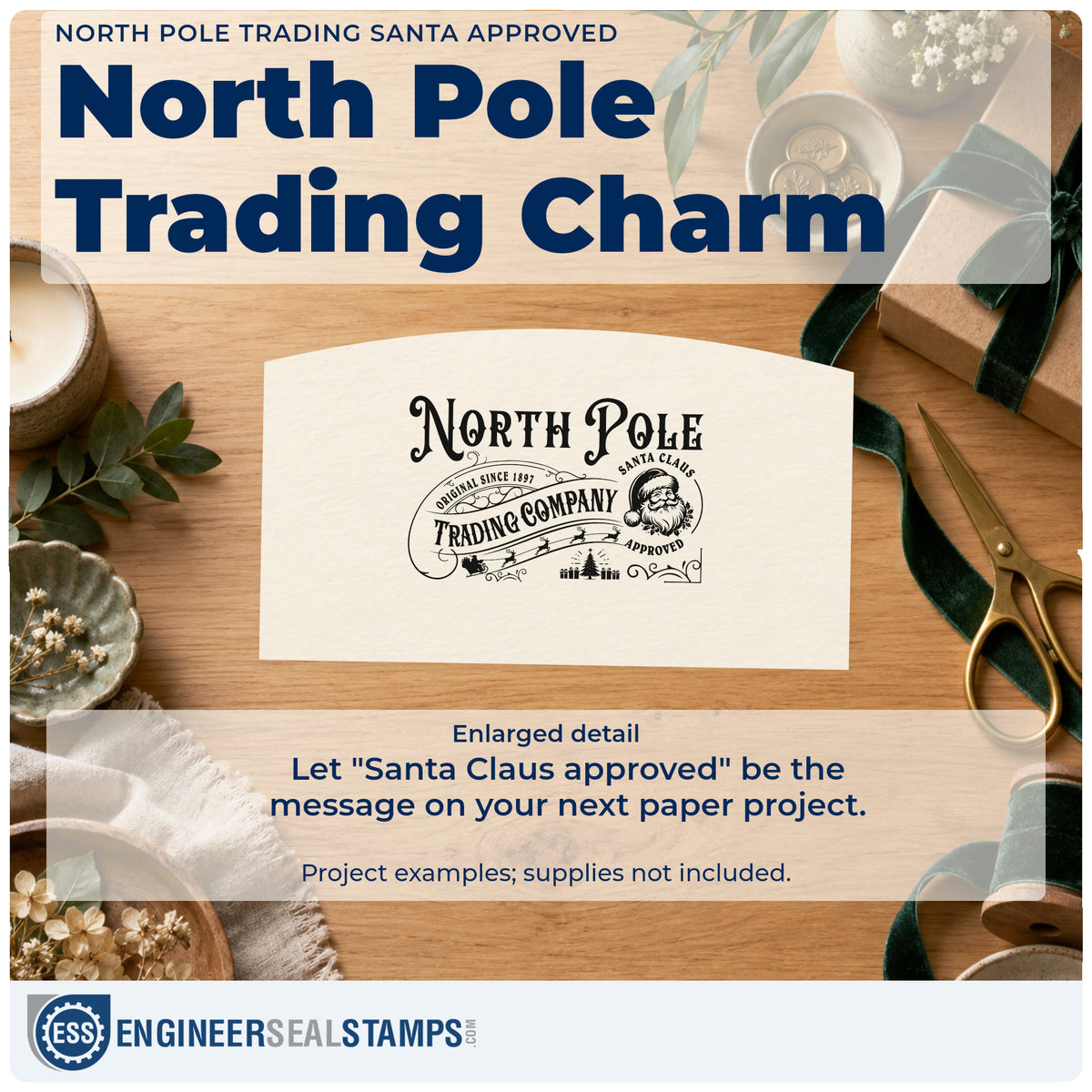 Enlarged detail of the North Pole Trading Santa Approved Hand Stamp – Duo imprint. A vintage North Pole Trading Company design includes a Santa face marked "Santa Claus approved," small trees, and sweeping scrollwork.