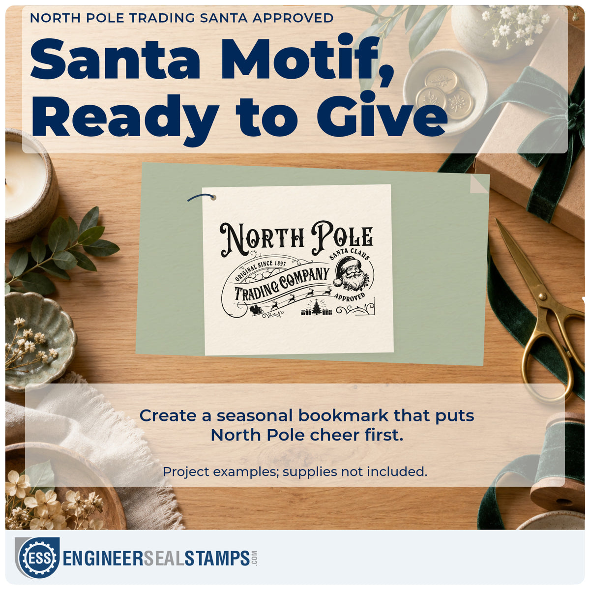 A finished handmade project stamped with the North Pole Trading Santa Approved PSI Pre-Inked Stamp, ideal for approval album page.