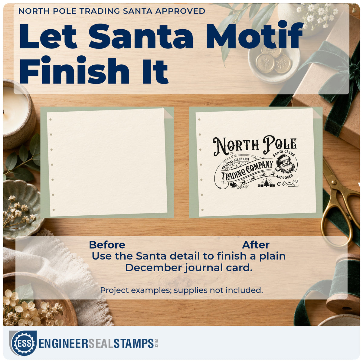 Before and after of a plain item finished with the North Pole Trading Santa Approved PSI Pre-Inked Stamp, a quick upgrade for framed office plaque.