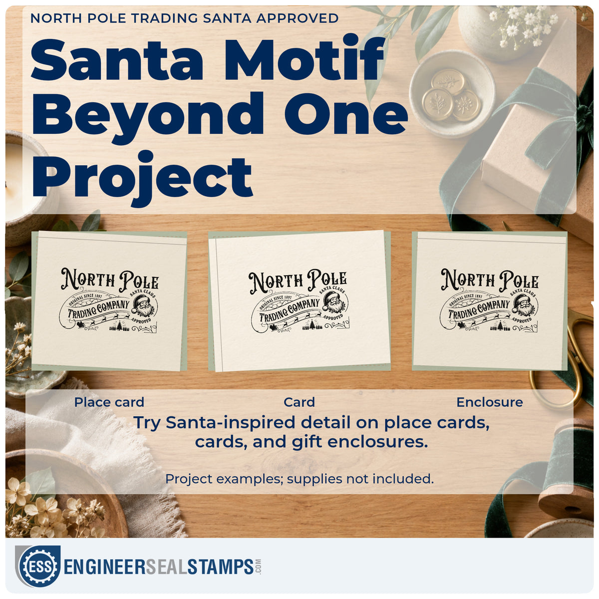 Three project examples made with the North Pole Trading Santa Approved Pre-Inked Stamp – Slim, including checklist mark sheet.