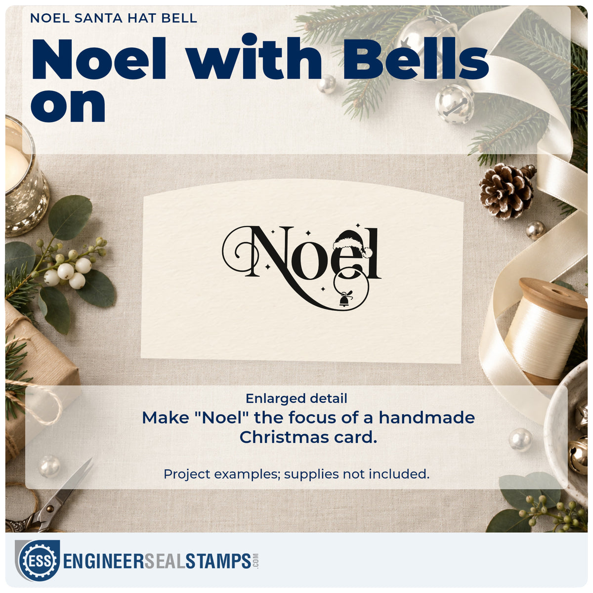 Enlarged detail of the Noel Santa Hat Bell With Stars Pre-Inked Stamp – PSI imprint. The word "Noel" appears in ornate lettering with a Santa hat, hanging bell, and small star accents.
