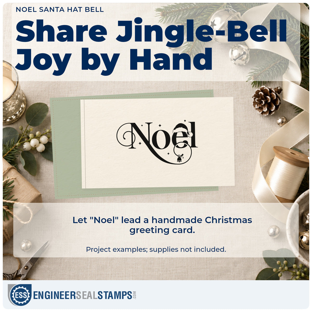 A finished handmade project stamped with the Noel Santa Hat Bell With Stars Premium Wooden Stamp – Vintage Pro, ideal for bell cards.
