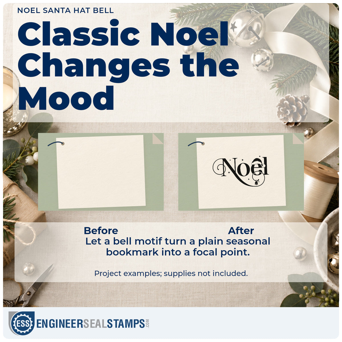Before and after of a plain item finished with the Noel Santa Hat Bell With Stars Pre-Inked Stamp – PSI, a quick upgrade for ribbon face printing.
