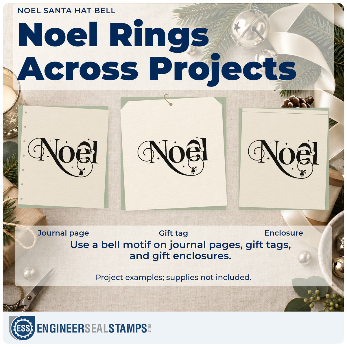 Three project examples made with the Noel Santa Hat Bell With Stars Rubber Stamp – Wood Handle, including bell charm tags.